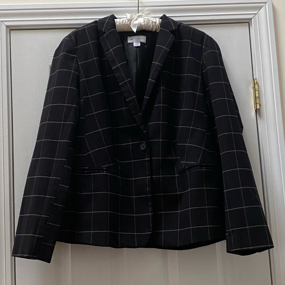 Liz Claiborne Simply Liz Windowpane Black&Brown Plaid Blazer Jacket, Wom Size XL